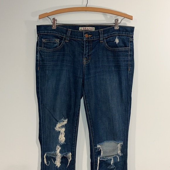 J BRAND Women’s 28 Distressed Slim Skinny Straight Jeans Dark Denim Mid Rise EUC - Picture 2 of 11